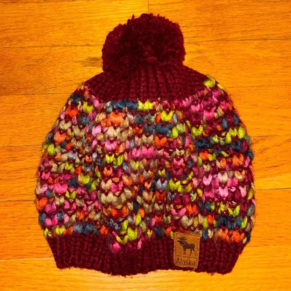 ACE USA Fashion Chunky Knit Pom Pom Beret Hat Alaska Reindeer Multicolored Pink